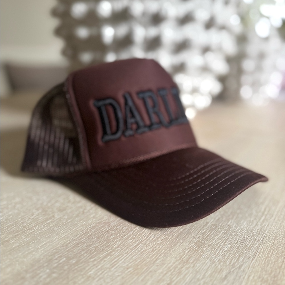 Dark Embroidered Trucker Hat in Deep Brown